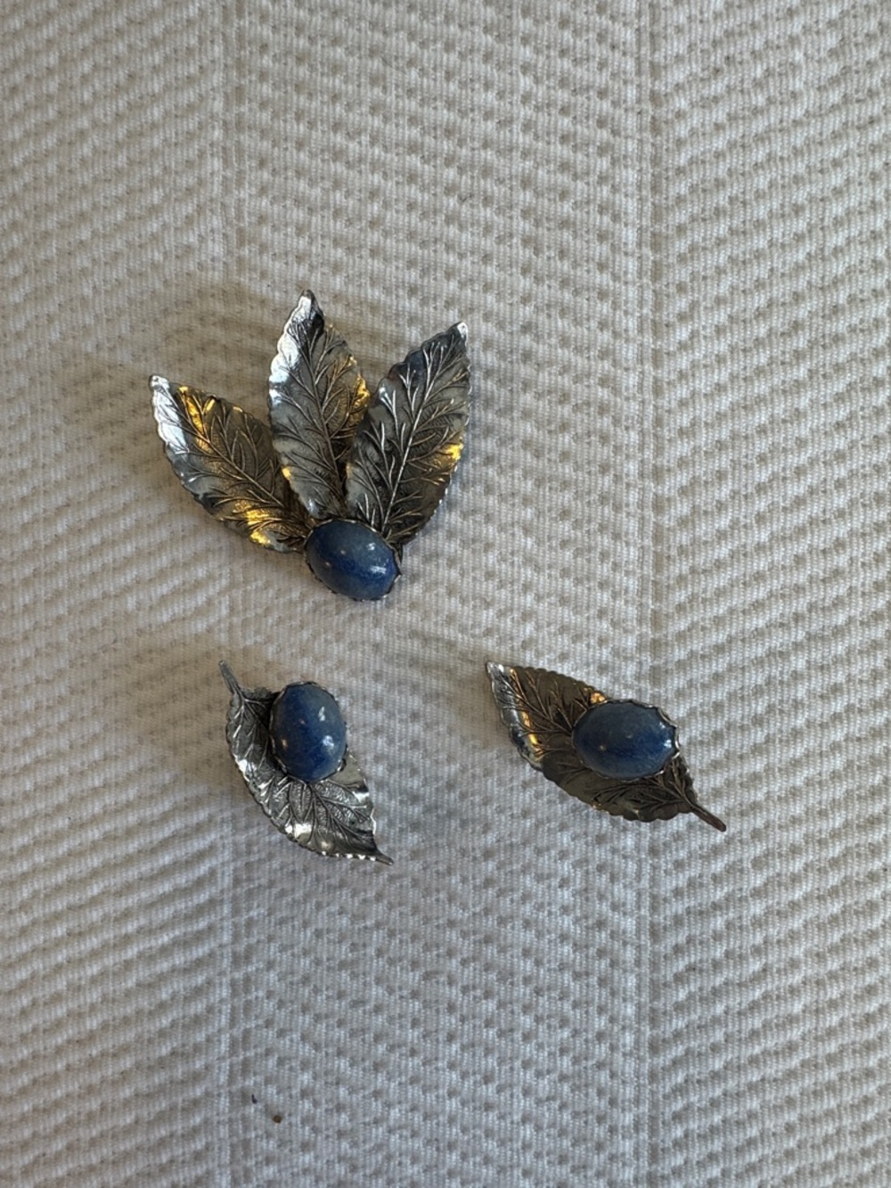 Vintage Silver Toned Leaf Brooch and Earring Set with with Blue Stone -